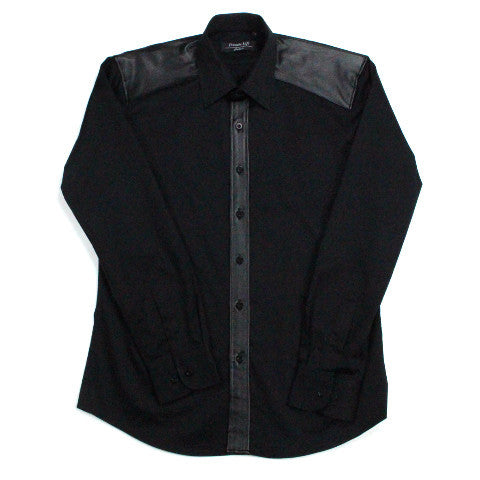 Justin. Urban wear. Black casual dress shirt. Long sleeve. Accented shoulders with leather. Center front accented with black leather stripe.  Made from stretch cotton and leather. Slim cut for that tailored fit. Private Life j.Robert
