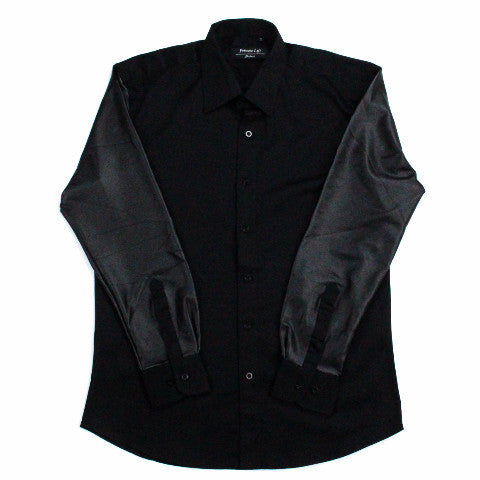 Robert. Urban wear. Black casual dress shirt. Long sleeve. Accented black leather sleeves. Made from stretch cotton. Slim cut for that tailored fit. Private Life j.Robert