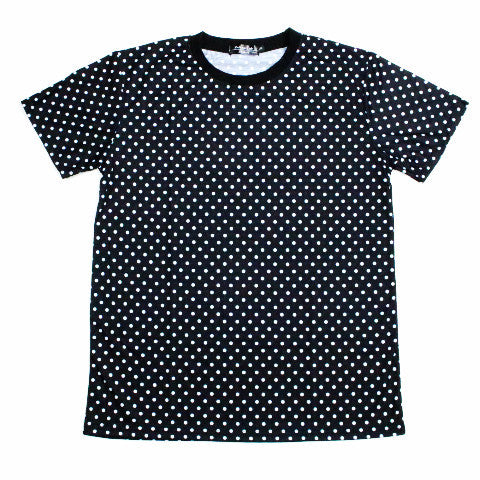 Stephen. Polk a dot shirt. Black background and white dots. Solid black crew neck collar.  Street wear / Urban wear short sleeve T shirt. Made from polyester and cotton. Slim cut for that tailored fit. Private Life j.Robert