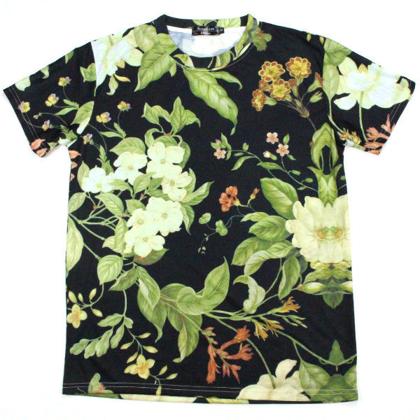 Brad. Floral with a black base.  Street wear / Urban wear short sleeve T shirt. Made from polyester, slim cut for that tailored fit. Private Life j.Robert     